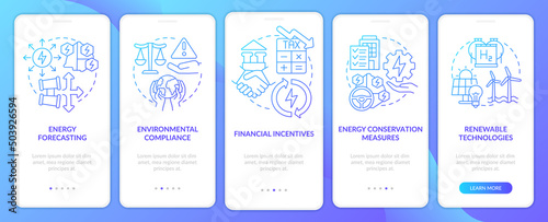 Successful energy planning blue gradient onboarding mobile app screen. Walkthrough 5 steps graphic instructions pages with linear concepts. UI, UX, GUI template. Myriad Pro-Bold, Regular fonts used