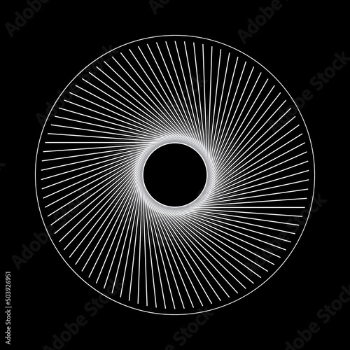 Radial lines in circle form. Tattoo template or logo with lines. Abstract art swirl symbol or icon.
