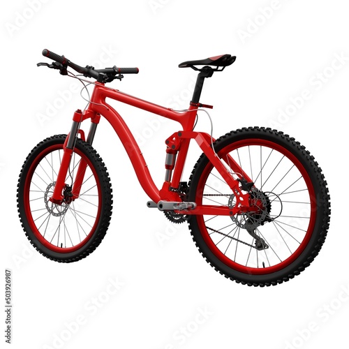 Red mountain bike on an isolated white background. 3d rendering.