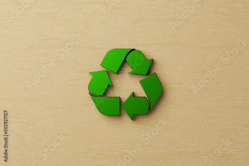 Reuse, reduce, recycle concept. Top view of recycle symbol on wooden background. 3D illustration