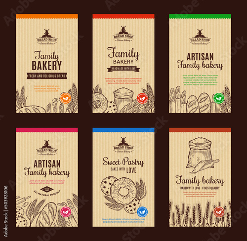 Bakery label templates, bakery backgrounds with baked goods, hand-drawn food illustrations, and icons