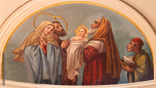 BARI, ITALY - MARCH 3, 2022: The fresco of Presentation of Jesus in the temple in the church Chiesa San Ferdinando by Nicola Colonna (1862 -1948).