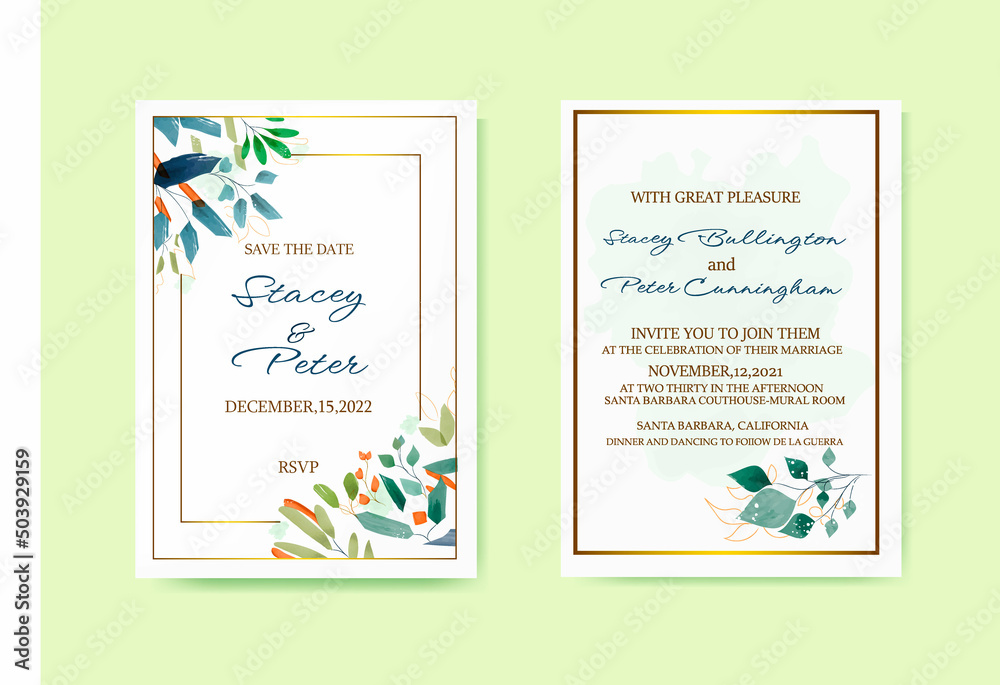 wedding invitation in rustic style with watercolor brushes in pleasant colors