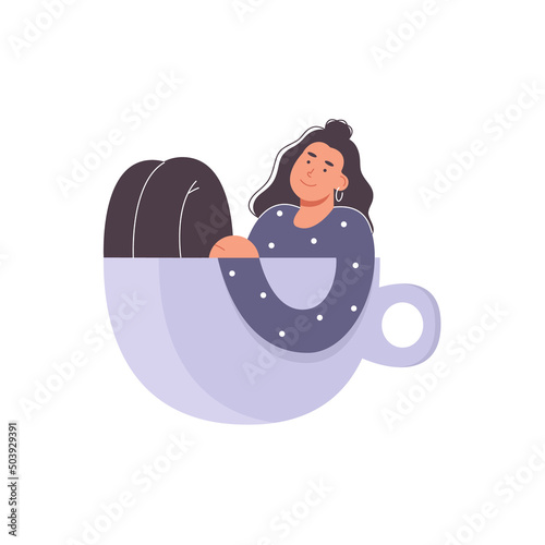 vector illustration - doodle style of people with coffee such as girl sitting on coffee cup, girl sitting relax in cup of coffee. wording - start your day with coffee included.