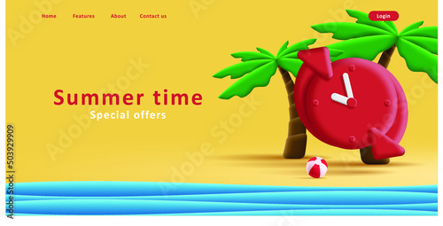 Summer time web banner with palms and clock watch. Vector illustration
