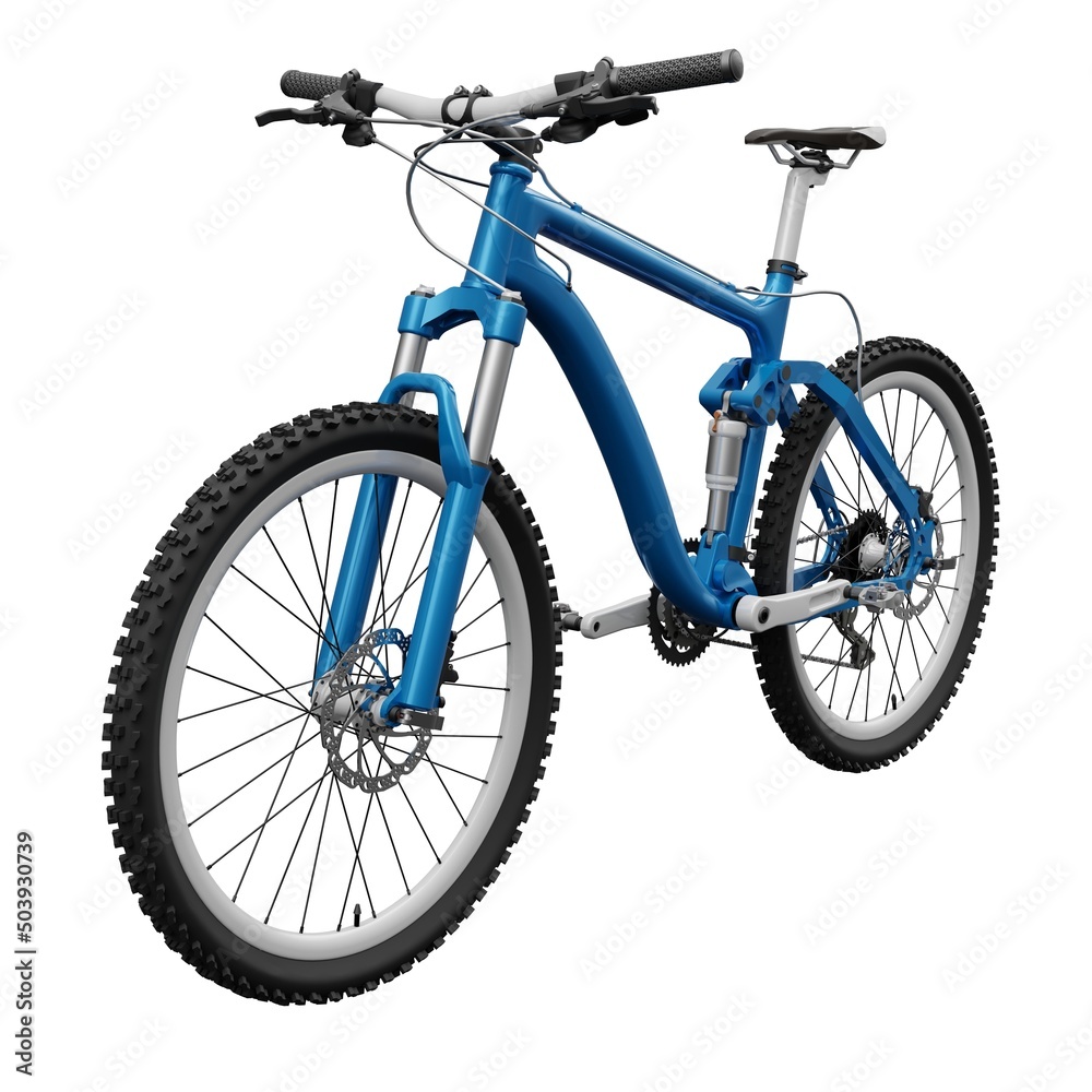 Blue mountain bike on an isolated white background. 3d rendering.