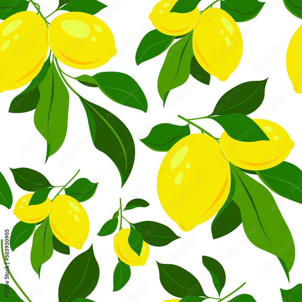 Summer seamless pattern with twigs lemon. It can be used in wrapping paper, fabric, wallpaper, and background design. Yellow print isolated on white background