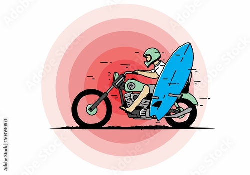 Ride motorcycle with surfing board illustration