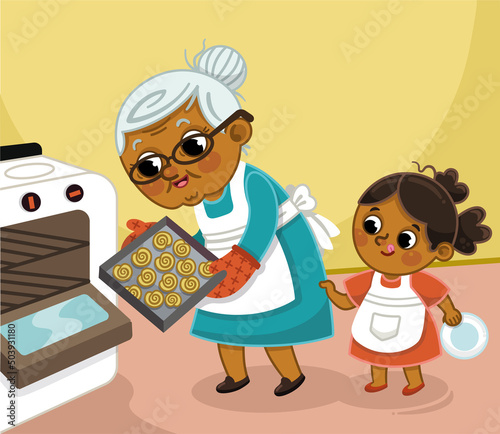 Vector illustration of grandmother and granddaughter baking cookies in the kitchen.
