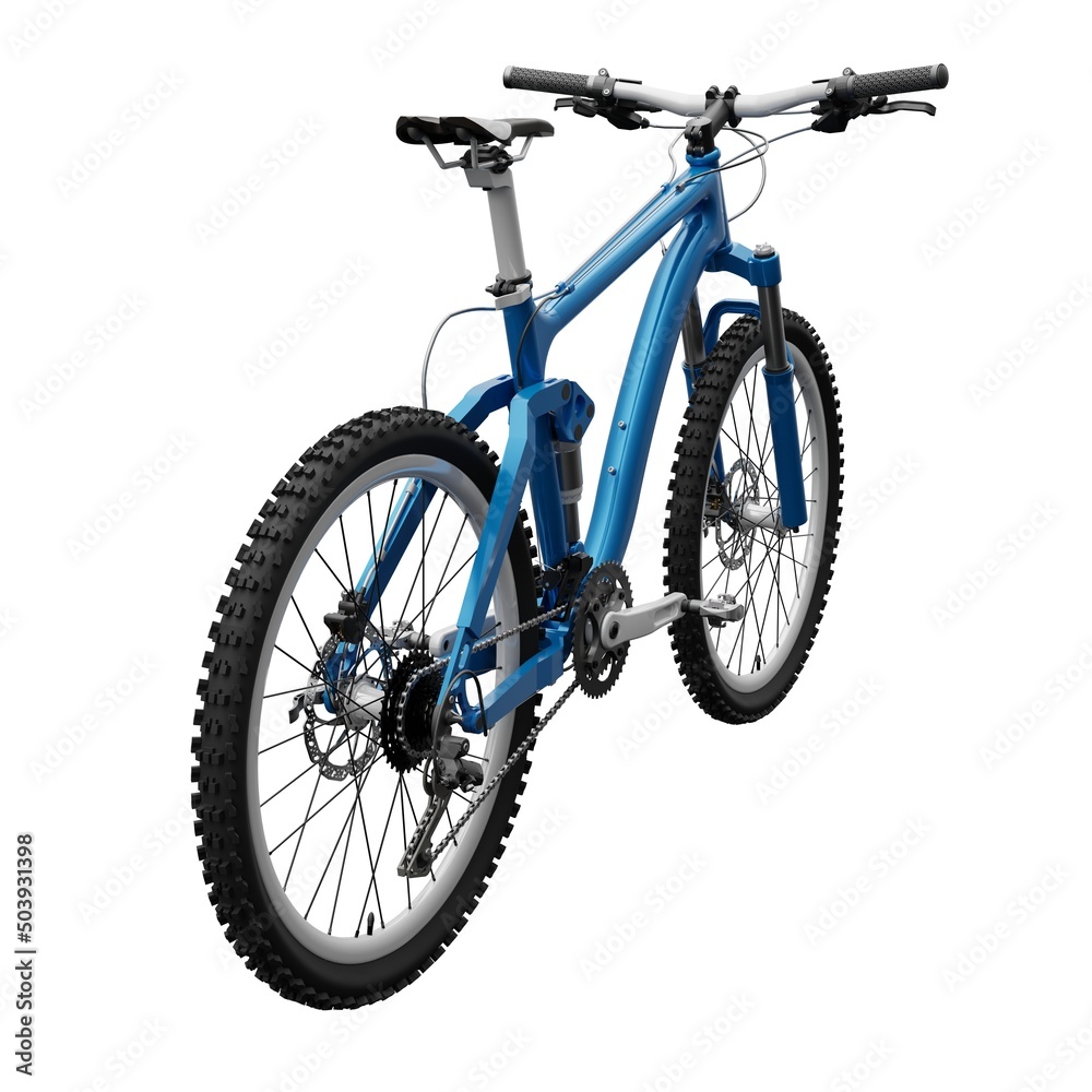 Blue mountain bike on an isolated white background. 3d rendering.