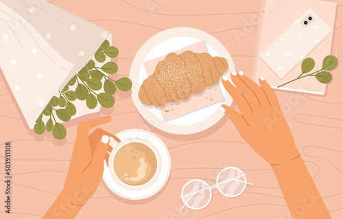 Top view of cafe table with eucalyptus bouquet, phone and female hands holding croissant and cup of coffee. Coffee shop with trendy style interior aesthetic. Stylish lifestyle. Isolated vector