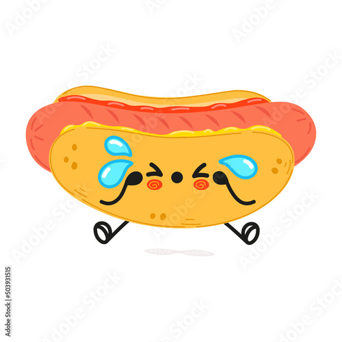 Cute sad hotdog character. Vector hand drawn cartoon kawaii character illustration icon. Isolated on white background. Sad cute hot dog character concept