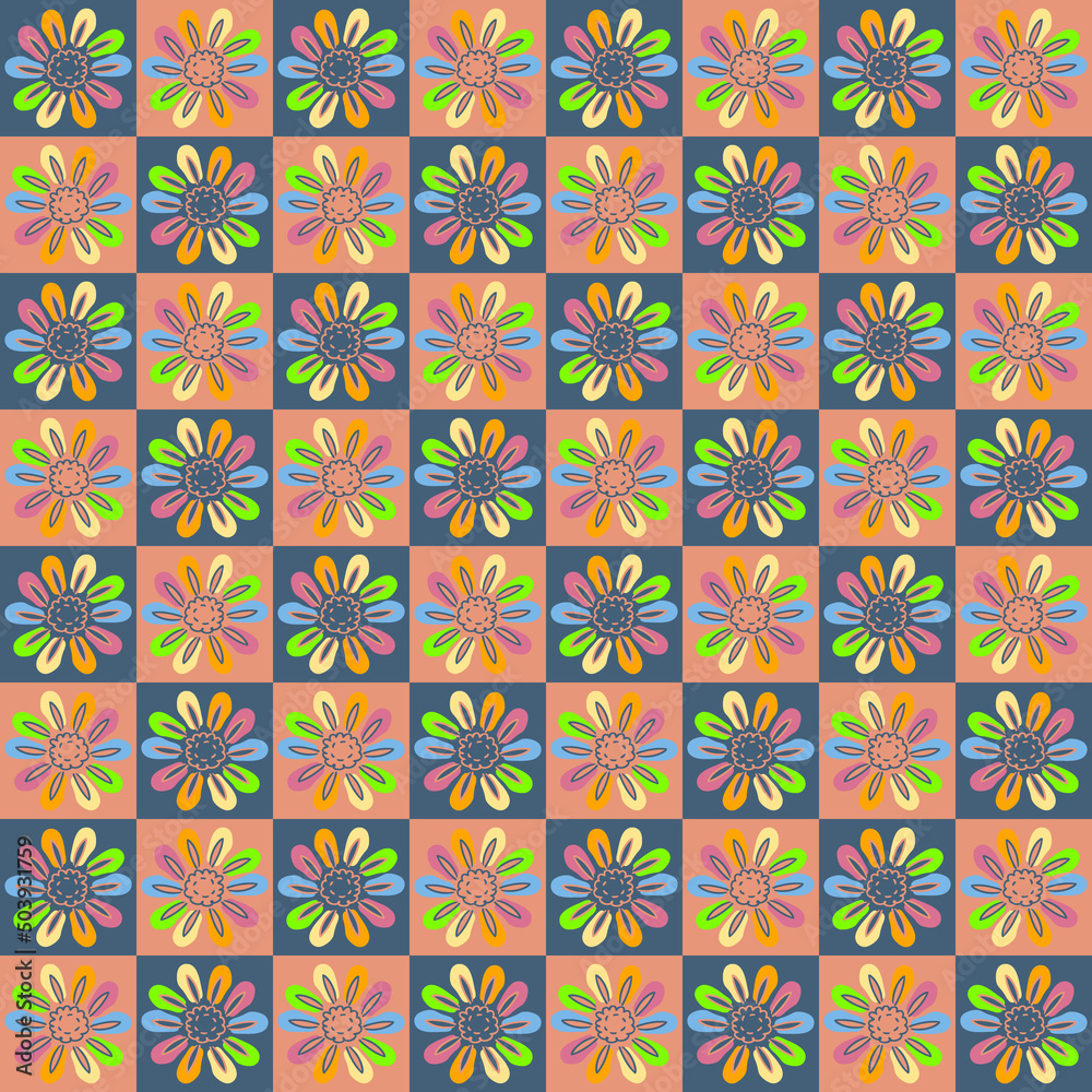 Hippie aesthetic seamless pattern with rainbow daisy flowers. Groovy floral background for textile, stationery, wrapping paper, covers. Doodle vector illustration for decor and design.