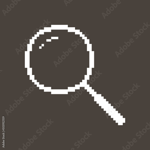 black and white simple vector pixel art sign of classic magnifier with handle