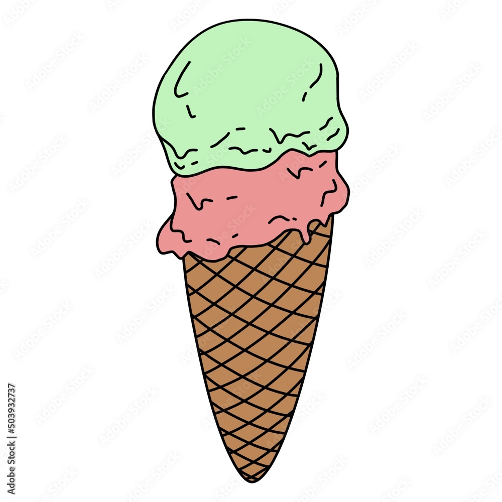 Cartoon green and pink ice cream cone on white background Cartoon green and pink ice cream cone on white background