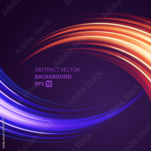 Curved glowing stripes purple red wave futuristic dynamic fusion speed movement dark background template vector illustration. Curly wavy illuminated line flow cyber motion effect abstract wallpaper
