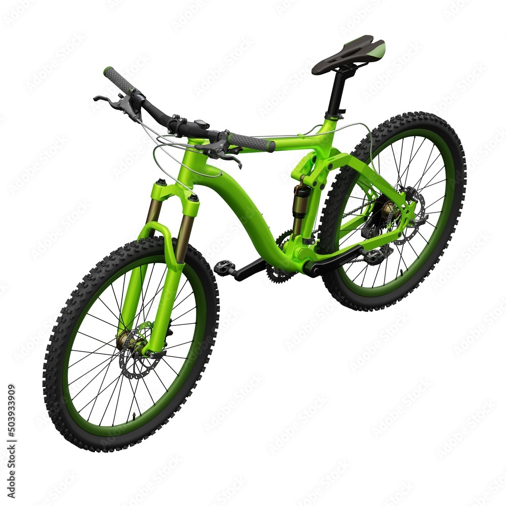 Green mountain bike on an isolated white background. 3d rendering.