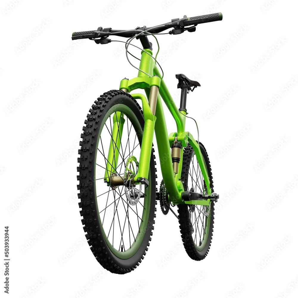 Green mountain bike on an isolated white background. 3d rendering. Green mountain bike on an isolated white background. 3d rendering.