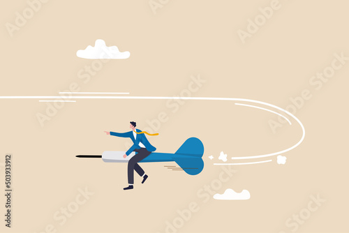 Change business direction, leadership decision to change to success, turning point or different way to reach target concept, confident businessman riding dart changing direction to the right target.