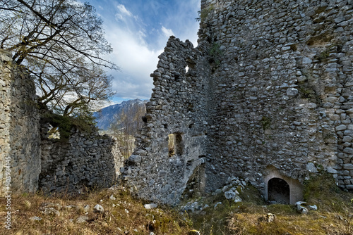 Ruins of the medieval fortress of Castellalto castle. Telve, Trento province, Trentino Alto-Adige, Italy, Europe. photo