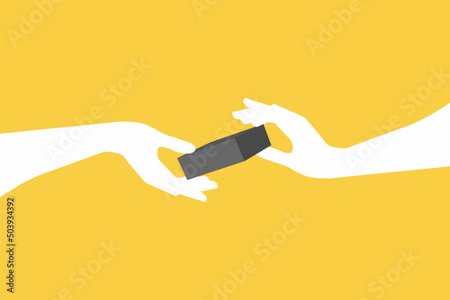 male hand give in to female hands long cube