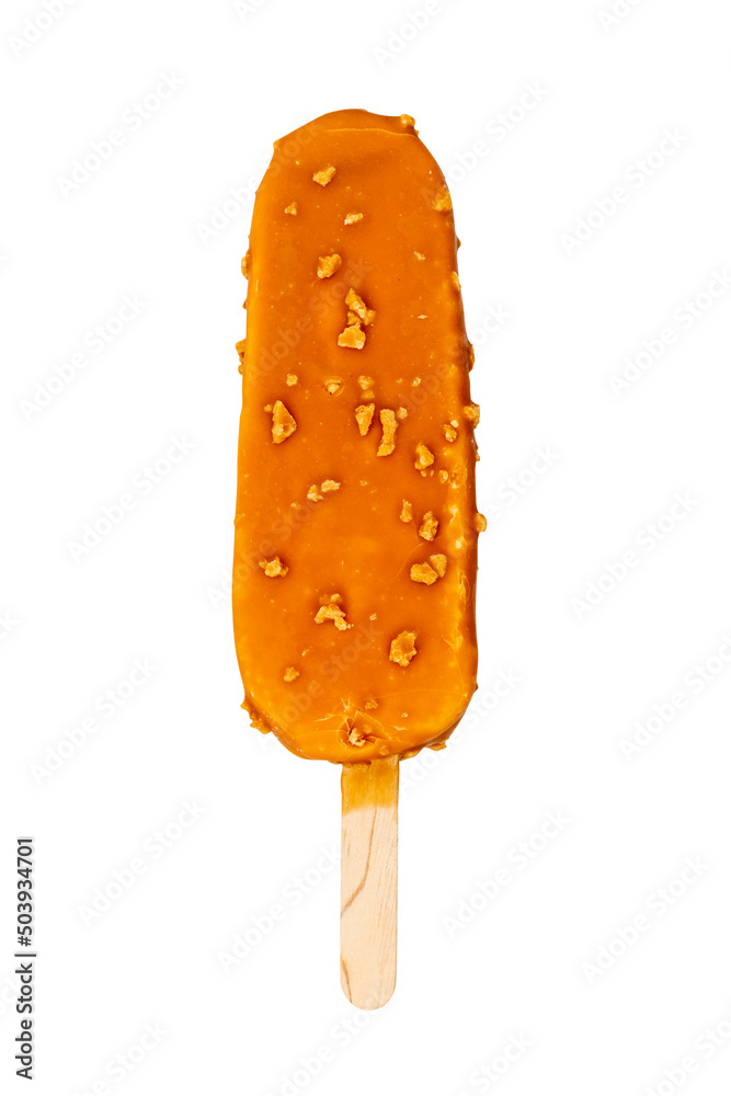 Ice cream on a stick in caramel glaze with nuts Ice cream on a stick in caramel glaze with nuts