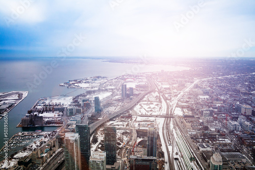 Photography Toronto city downtown and Ontario lake at winter aerial view