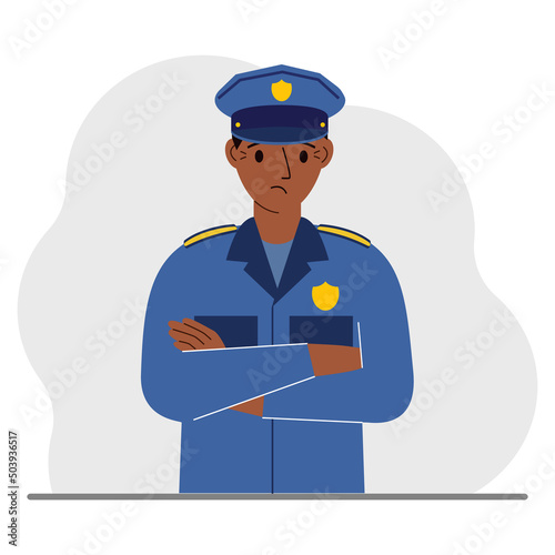 Police man. Profession policeman, security guard, patrolman in uniform.
