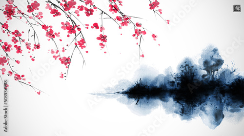 Pink sakura blossom and misty island with forest trees. Traditional oriental ink painting sumi-e, u-sin, go-hua. Translation of hieroglyph - zen