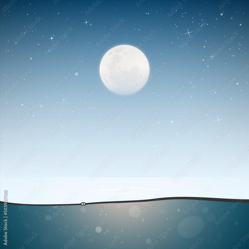 Moon over water. Minimalistic landscape with sea and underwater view Moon over water. Minimalistic landscape with sea and underwater view