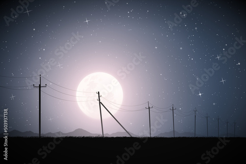 Power lines on plain. Industrial landscape on moonlight starry night
