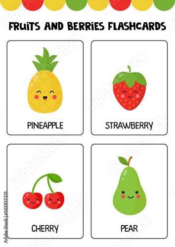Cute cartoon fruits and berries with names. Flashcards for children.