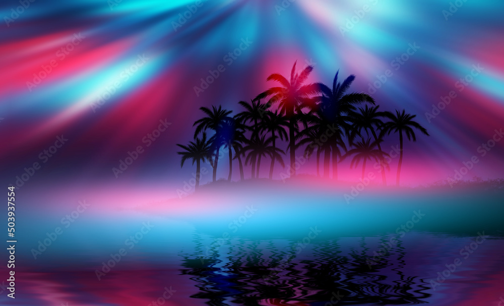 Dark abstract background with tropical palm leaves. Reflection of neon lighting on the water surface. 3d illustration