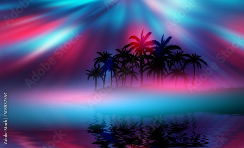 Fototapeta Naklejka Na Ścianę i Meble -  Dark abstract background with tropical palm leaves. Reflection of neon lighting on the water surface. 3d illustration