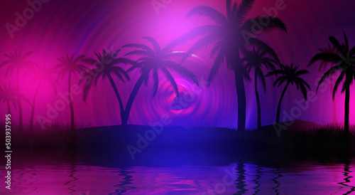 Dark abstract background with tropical palm leaves. Reflection of neon lighting on the water surface. 3d illustration © Laura Сrazy