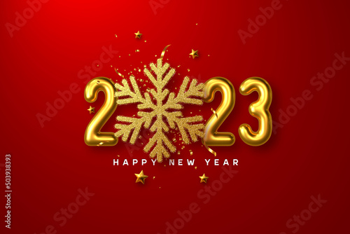 2023 Happy New Year. Gold glitter snowflake with 3d metallic golden numbers on red background. Vector illustration.