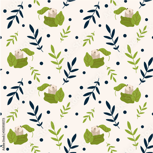 Seamless pattern with funny sloths in the leaves