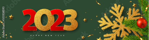 2023 Happy New Year banner. Glitter golden snowflake with tinsel, pine branches, red bauble and glitter numbers on green background. Vector illustration.