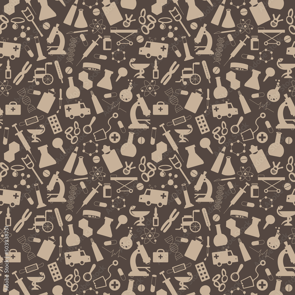 Seamless pattern with hand drawn icons on a theme medicine and health, a light silhouettes of icons on a brown background Seamless pattern with hand drawn icons on a theme medicine and health, a light silhouettes of icons on a brown background