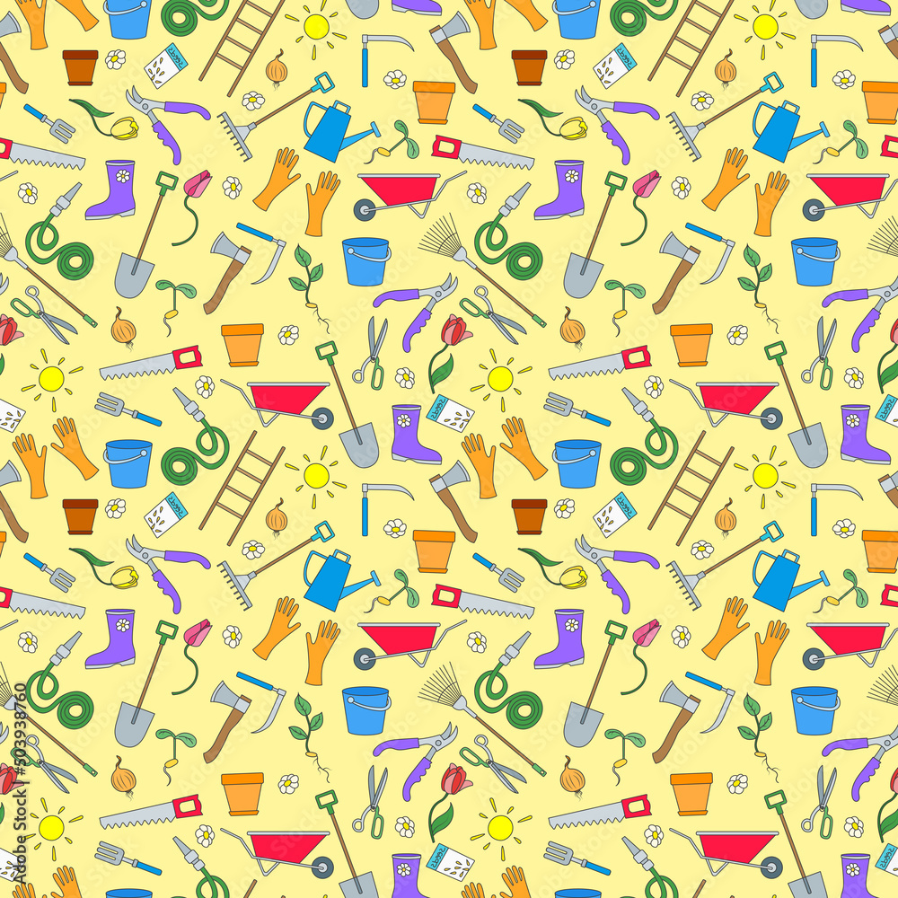 Seamless pattern on the theme of the garden , planting and growing harvest, a simple colored icons on a yellow background Seamless pattern on the theme of the garden , planting and growing harvest, a simple colored icons on a yellow background