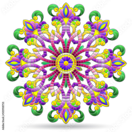 Illustration in the style of a stained glass window with a floral arrangement, round isolated on a white background