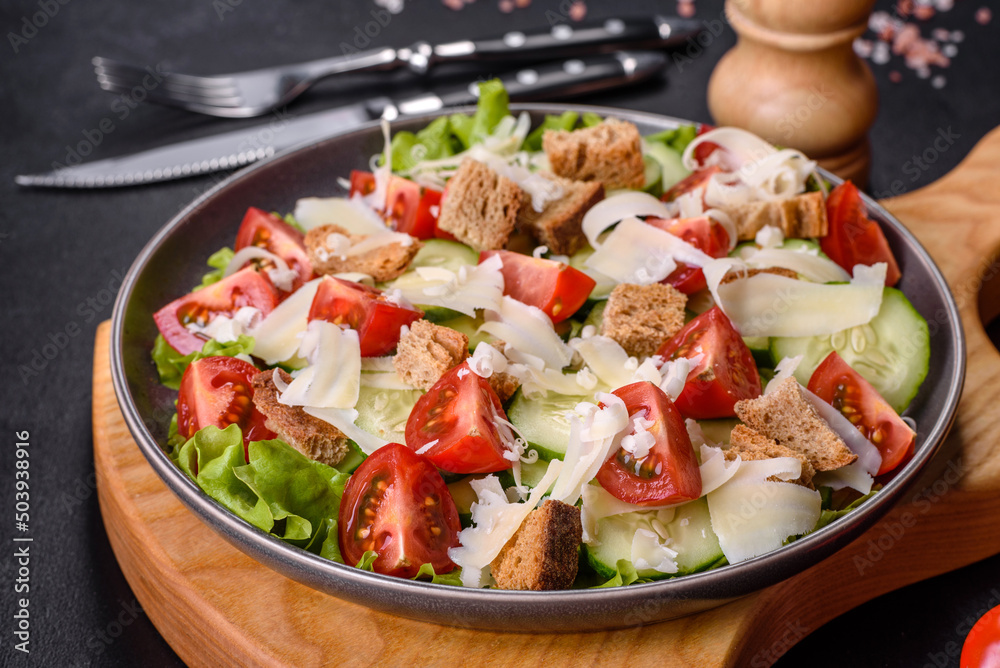 Delicious spring fresh vegetable salad with cherry tomatoes, cucumber, breadcrumbs and parmesan cheese Delicious spring fresh vegetable salad with cherry tomatoes, cucumber, breadcrumbs and parmesan cheese