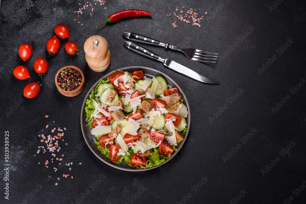 Delicious spring fresh vegetable salad with cherry tomatoes, cucumber, breadcrumbs and parmesan cheese