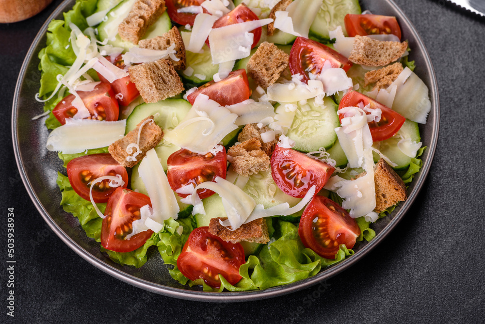 Delicious spring fresh vegetable salad with cherry tomatoes, cucumber, breadcrumbs and parmesan cheese Delicious spring fresh vegetable salad with cherry tomatoes, cucumber, breadcrumbs and parmesan cheese