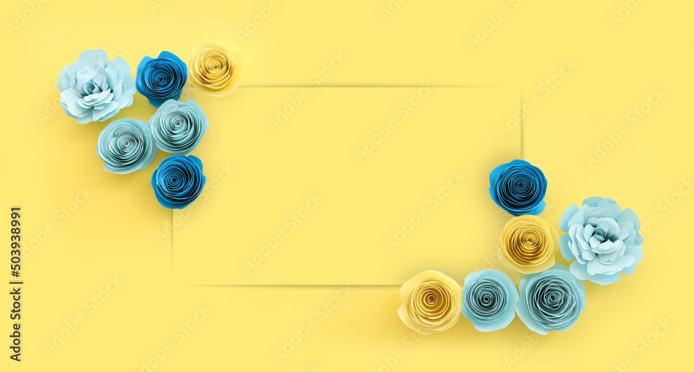 Fototapeta premium Top view image of paper flowers composition over yellow background