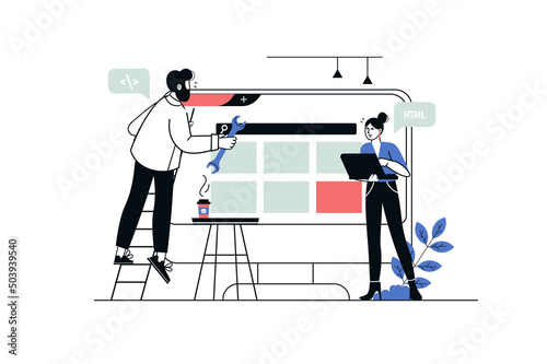 Web development concept in flat line design. Man and woman create and optimize interface of website, places navigation buttons and settings. Vector illustration with outline people scene for web
