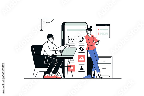 App development concept in flat line design. Man and woman create interface of mobile applications, places buttons, programming and testing. Vector illustration with outline people scene for web
