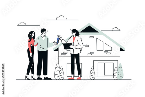 Real estate concept in flat line design. Realtor gives keys to new house to buyers. Man and woman get mortgage loan at bank and buy new home. Vector illustration with outline people scene for web
