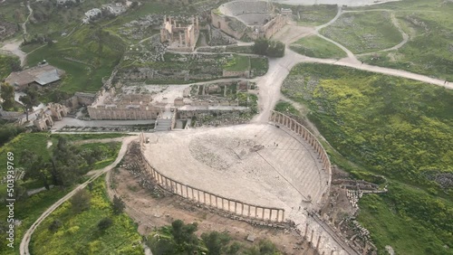 close up drone view of the jerash ruins in jordan on the outskirts of the city photo
