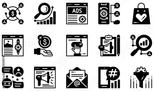 Set of Vector Icons Related to Digital Marketing. Contains such Icons as Affiliate Marketing, Advertising, Blog, Commission, Clickbait, Content Marketing and more.